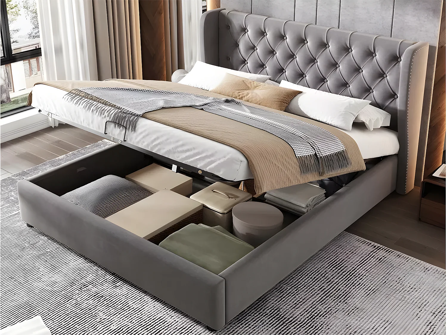 Lit coffre capitonné en velours 140x190cm avec sommier à lattes - Gris