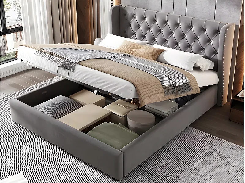 Letto contenitore imbottito in velluto 140x190 cm con rete a doghe - Grigio