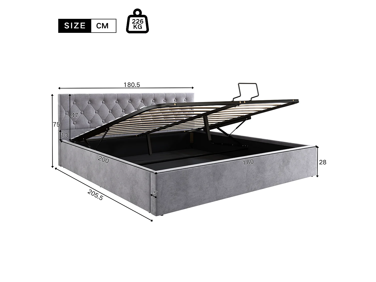 180x200cm fluwelen opbergbed met lattenbodem - Grijs