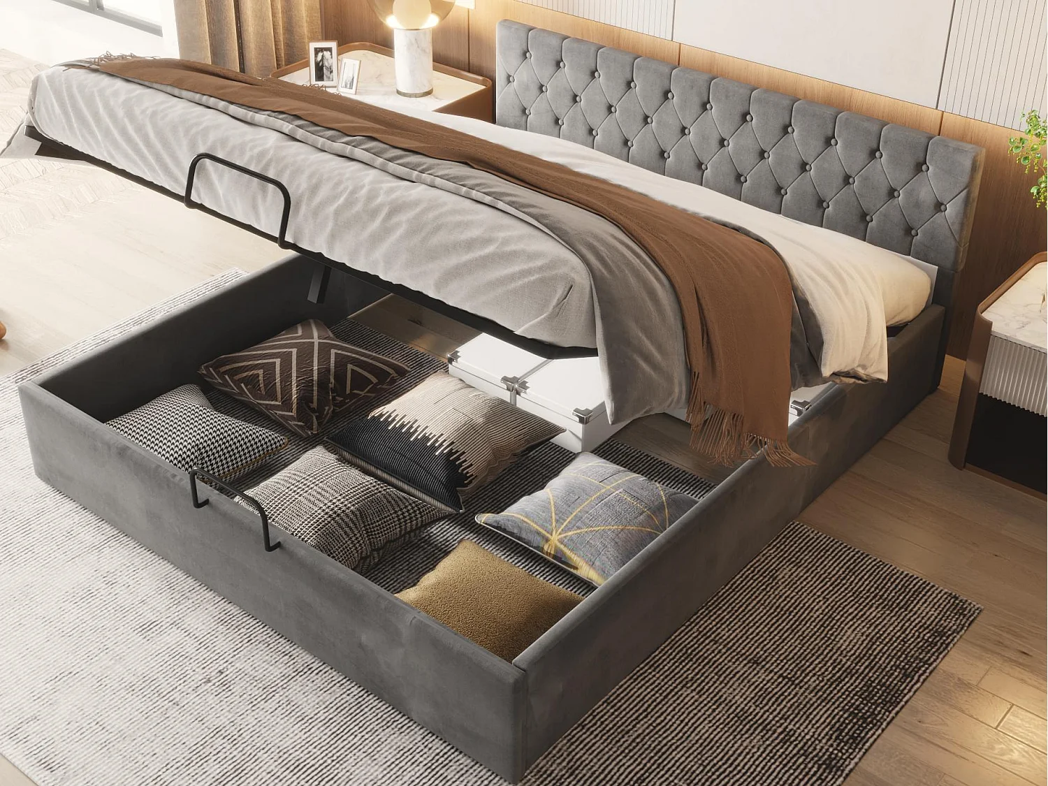 180x200cm fluwelen opbergbed met lattenbodem - Grijs