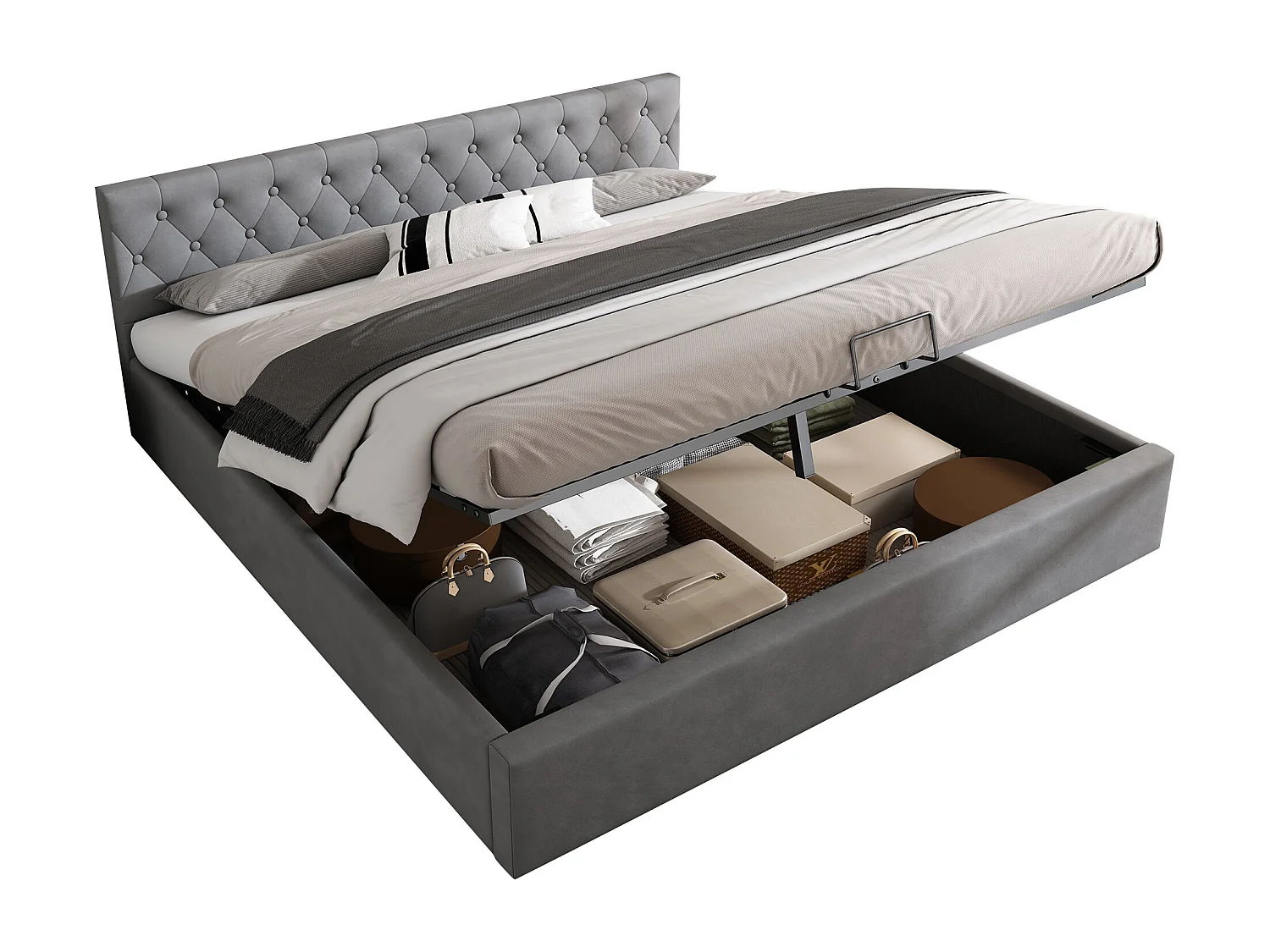 Lit coffre 180x200 cm en velours avec sommier à lattes - Gris