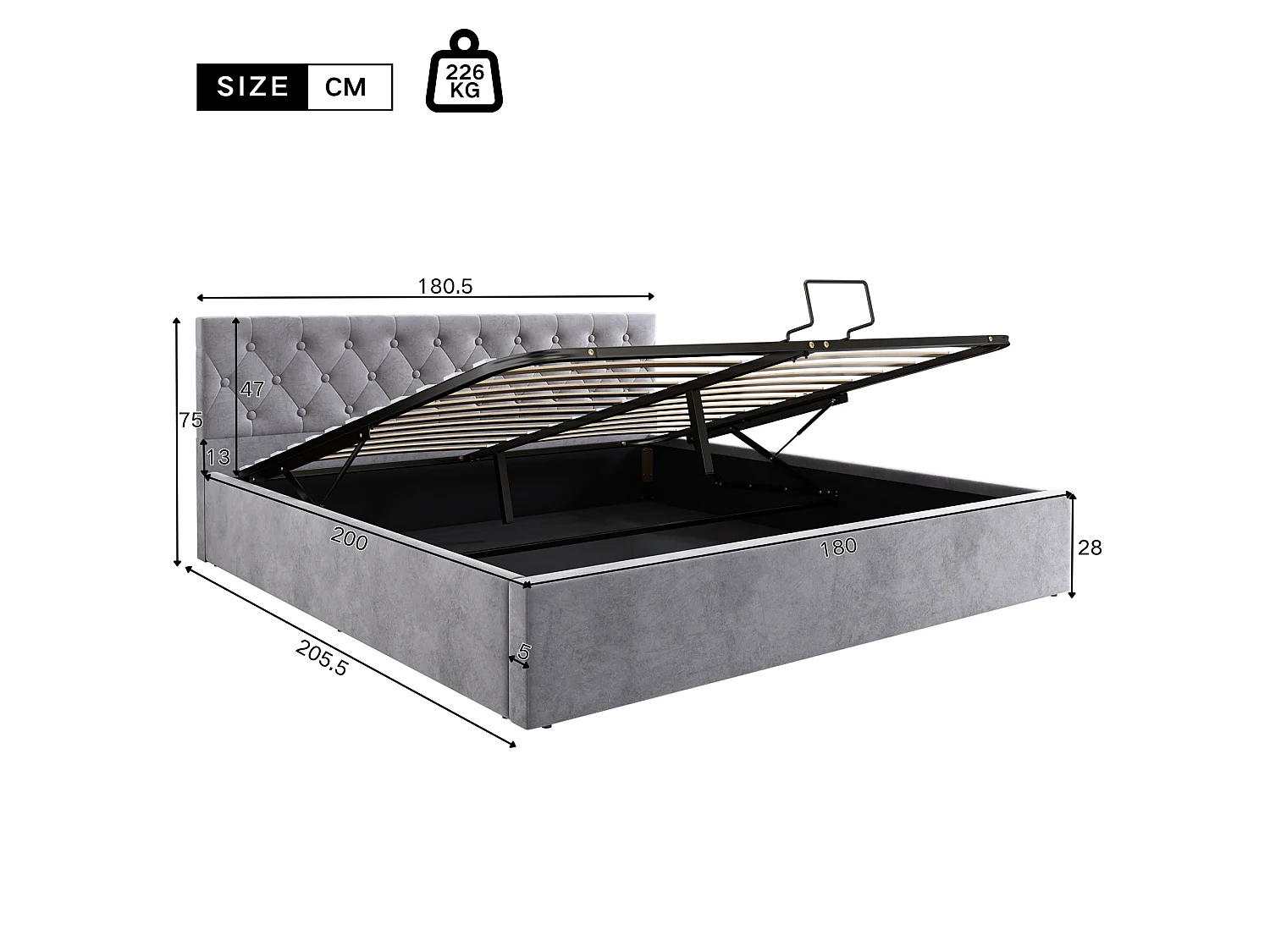 180x200cm fluwelen opbergbed met lattenbodem - Grijs