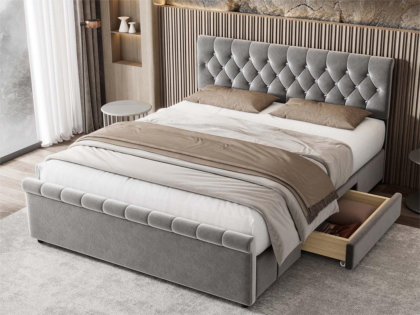 Lit Enfant 90x200 Avec Sommier - Cadre Traîneau En Velours Motif Cosmique Gris - Pour Garçon Et Fille (Sans Matelas)