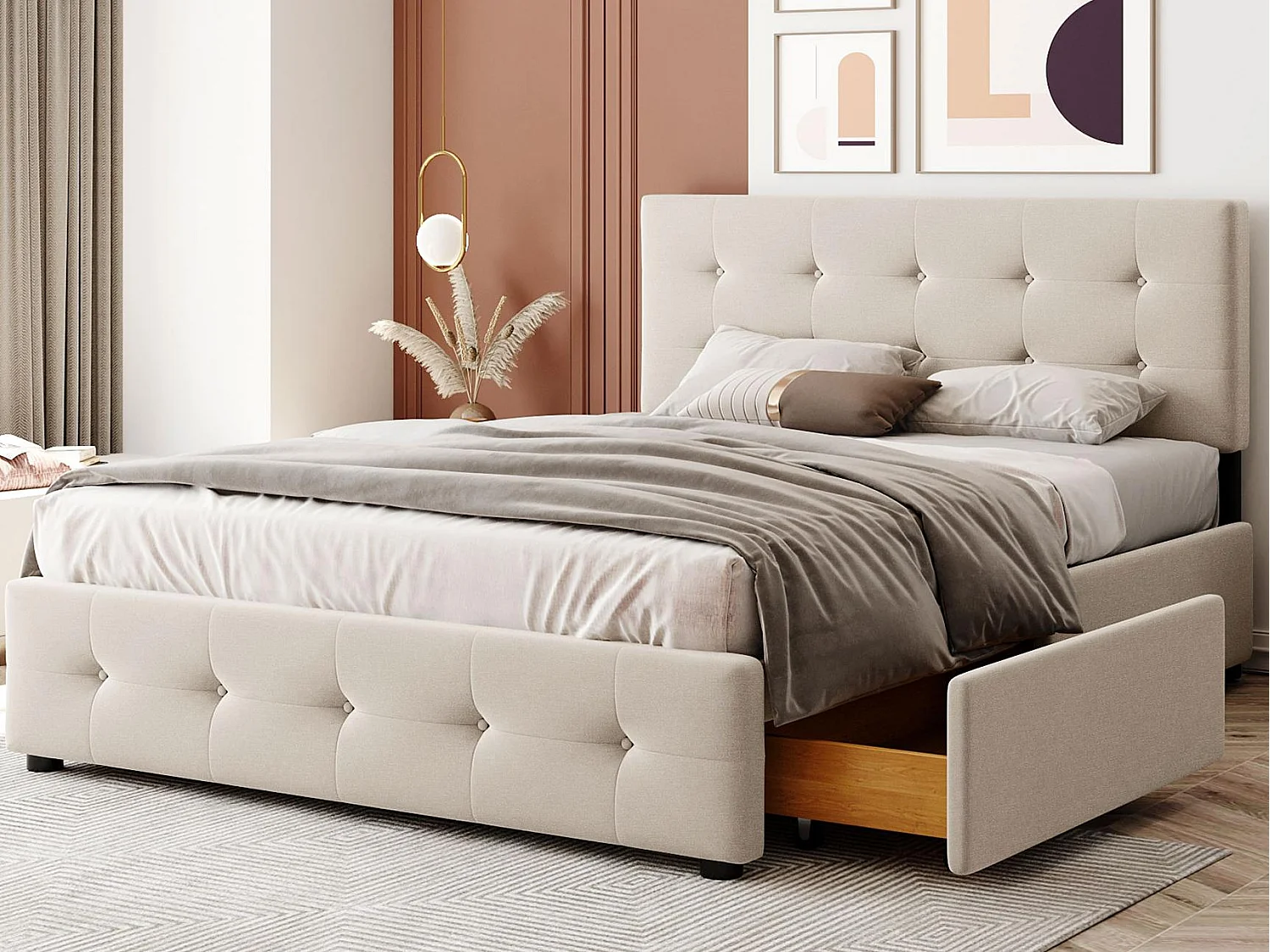 Doppelbett mit Samtbezug – 140 x 200 cm – mit 4 Schubladen und Lattenrost – Beige