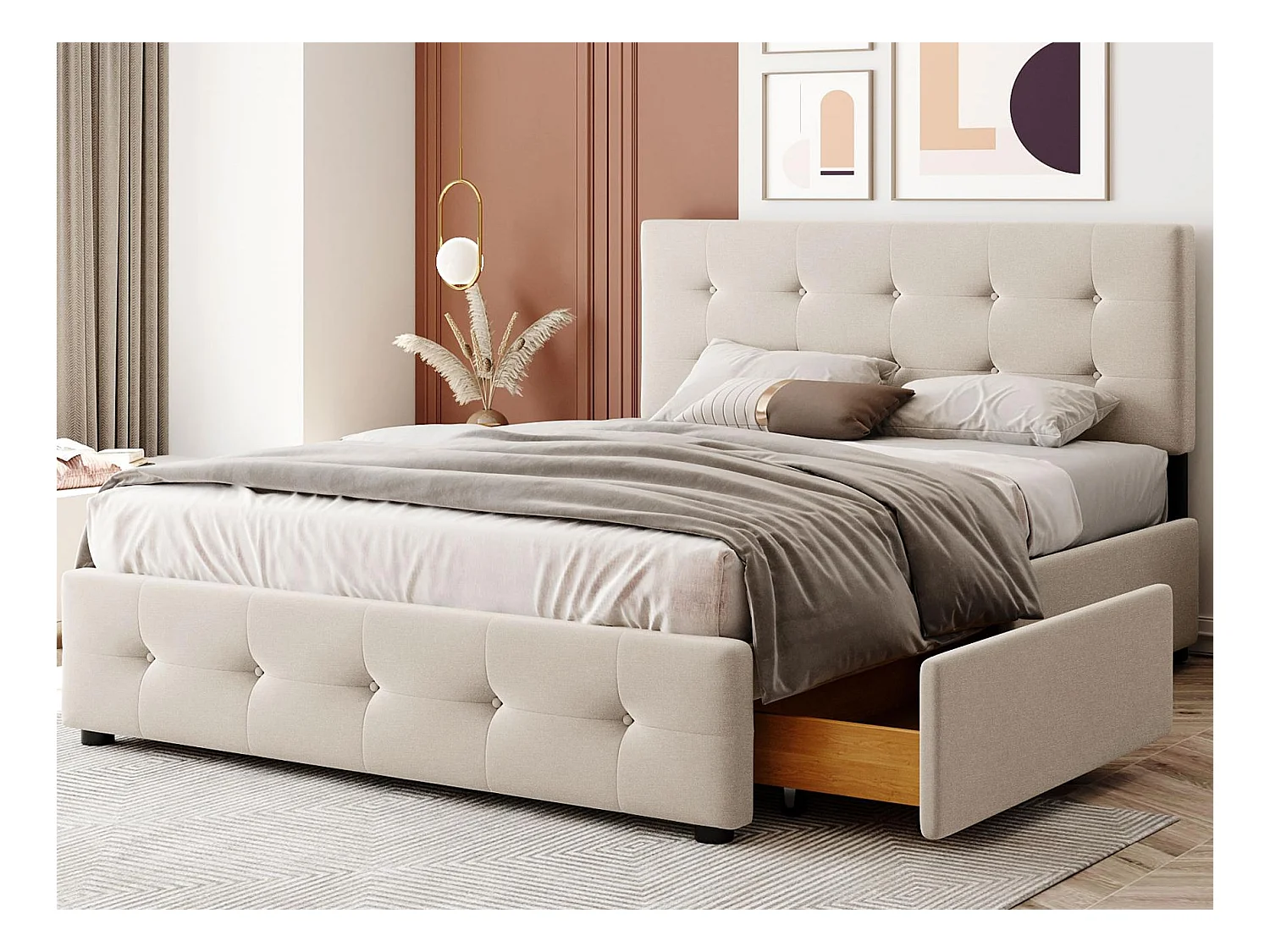 Lit double rembourré en velours 140x200cm avec 4 tiroirs et sommier à lattes - Beige