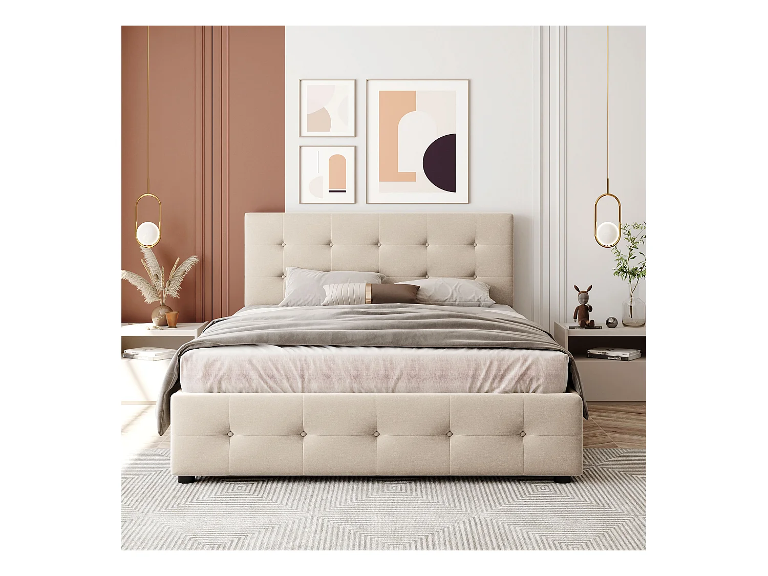 Tweepersoonsbed bekleed met fluweel - 140x200cm - met 4 lades en lattenbodem - Beige