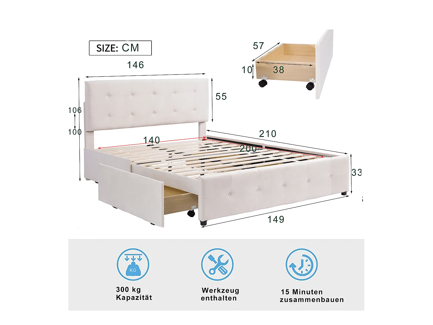 Tweepersoonsbed bekleed met fluweel - 140x200cm - met 4 lades en lattenbodem - Beige