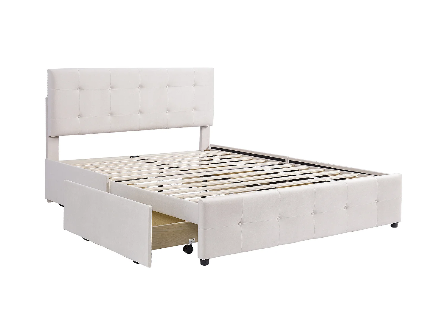 Tweepersoonsbed bekleed met fluweel - 140x200cm - met 4 lades en lattenbodem - Beige