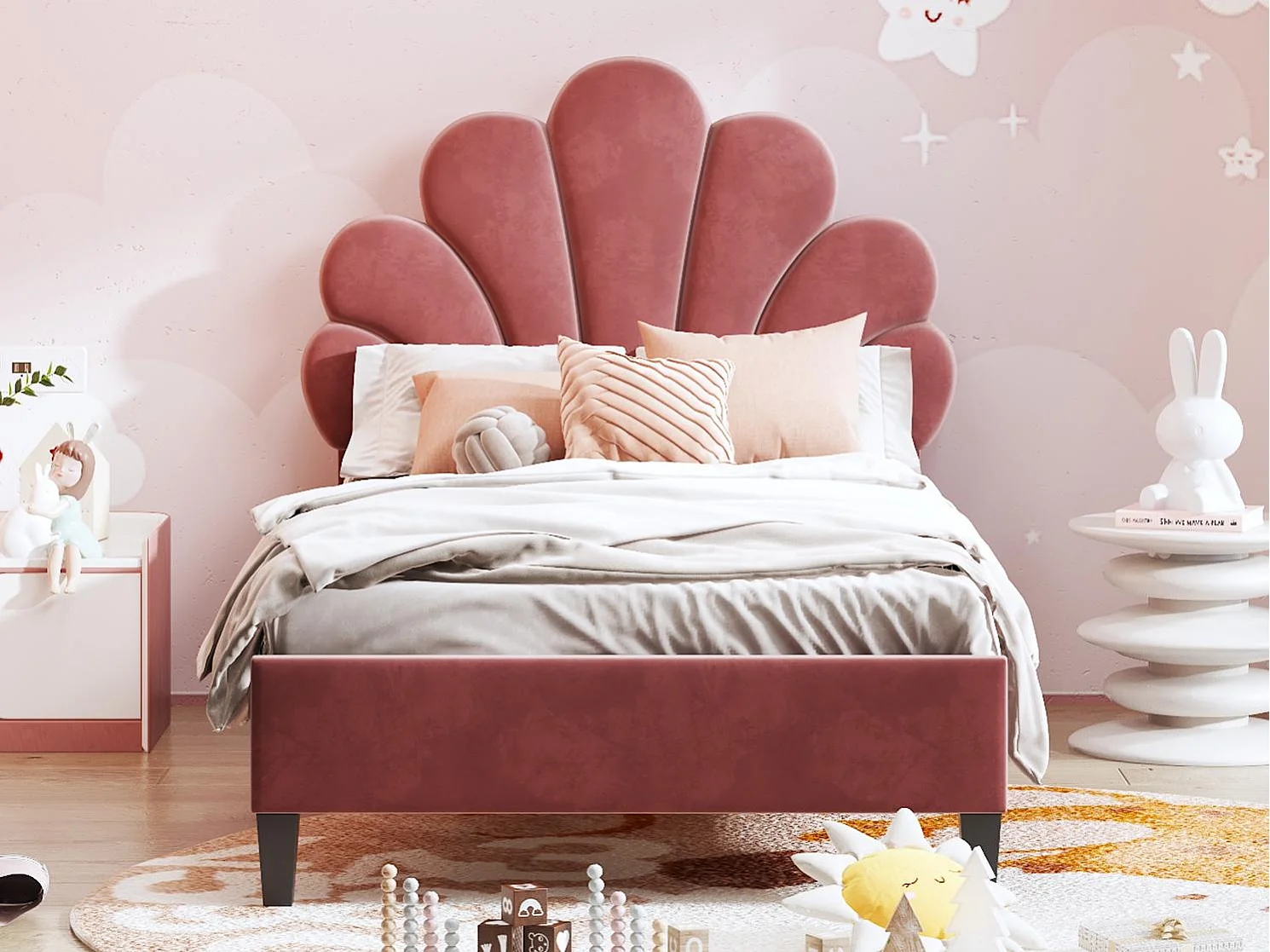 Eenpersoonsbed bekleed met fluweel - 90x200cm - bloemvormig hoofdeinde - met lattenbodem - Rood