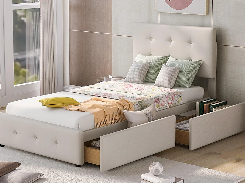 Gepolstertes Samtbett 90x200cm – Einzelbett mit 2 Schubladen und Lattenrost – Beige