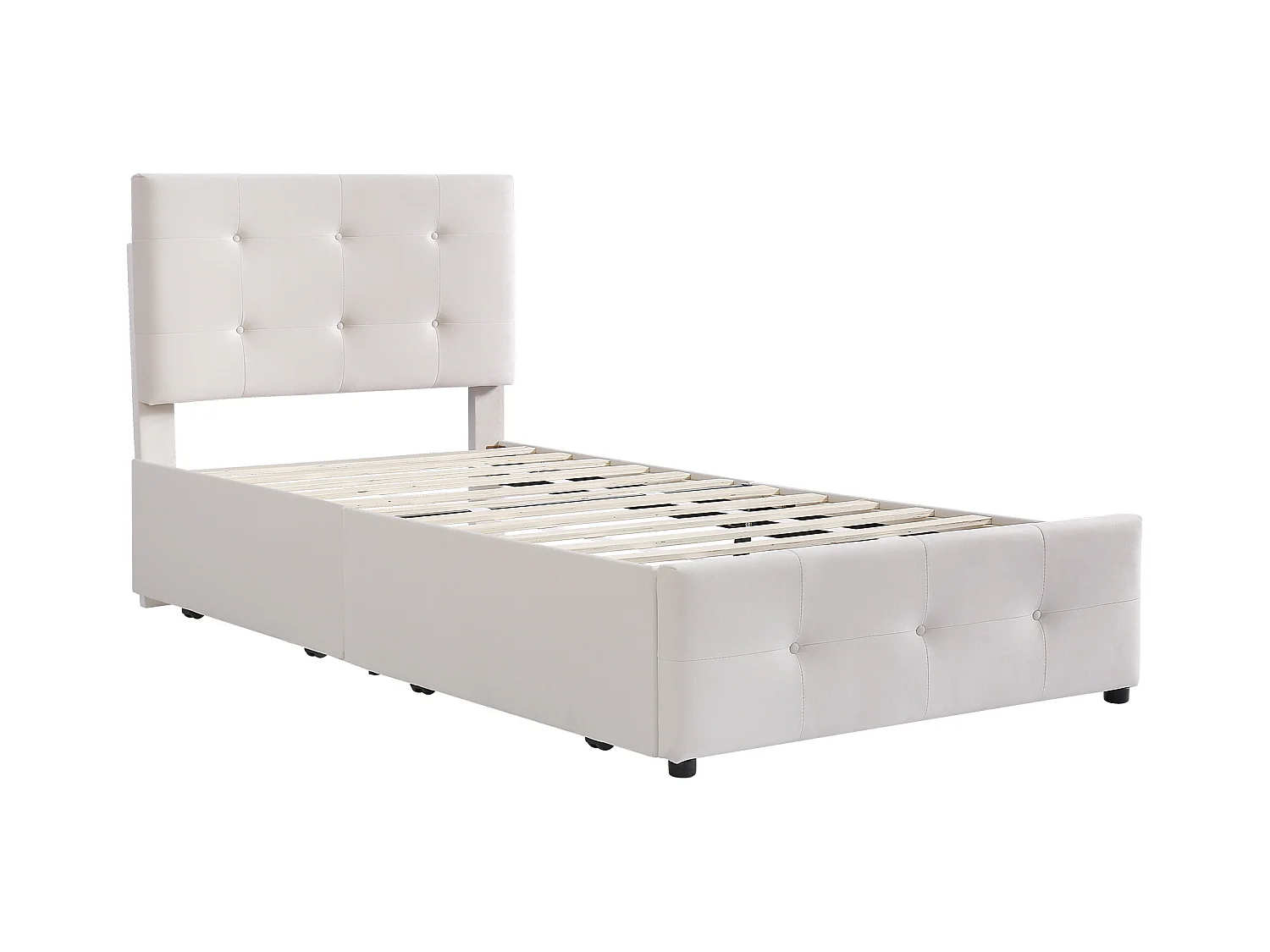 Gepolstertes Samtbett 90x200cm – Einzelbett mit 2 Schubladen und Lattenrost – Beige