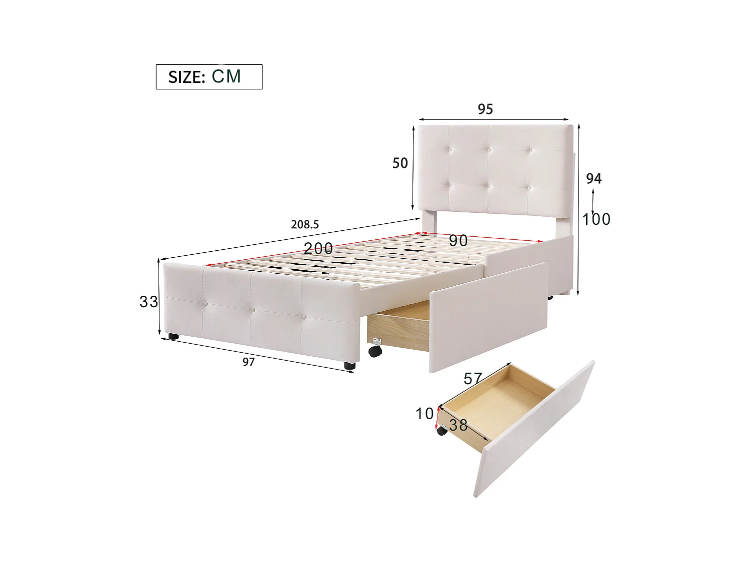 Gepolstertes Samtbett 90x200cm – Einzelbett mit 2 Schubladen und Lattenrost – Beige