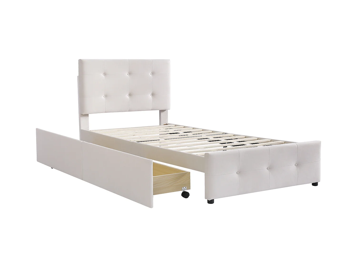Gepolstertes Samtbett 90x200cm – Einzelbett mit 2 Schubladen und Lattenrost – Beige