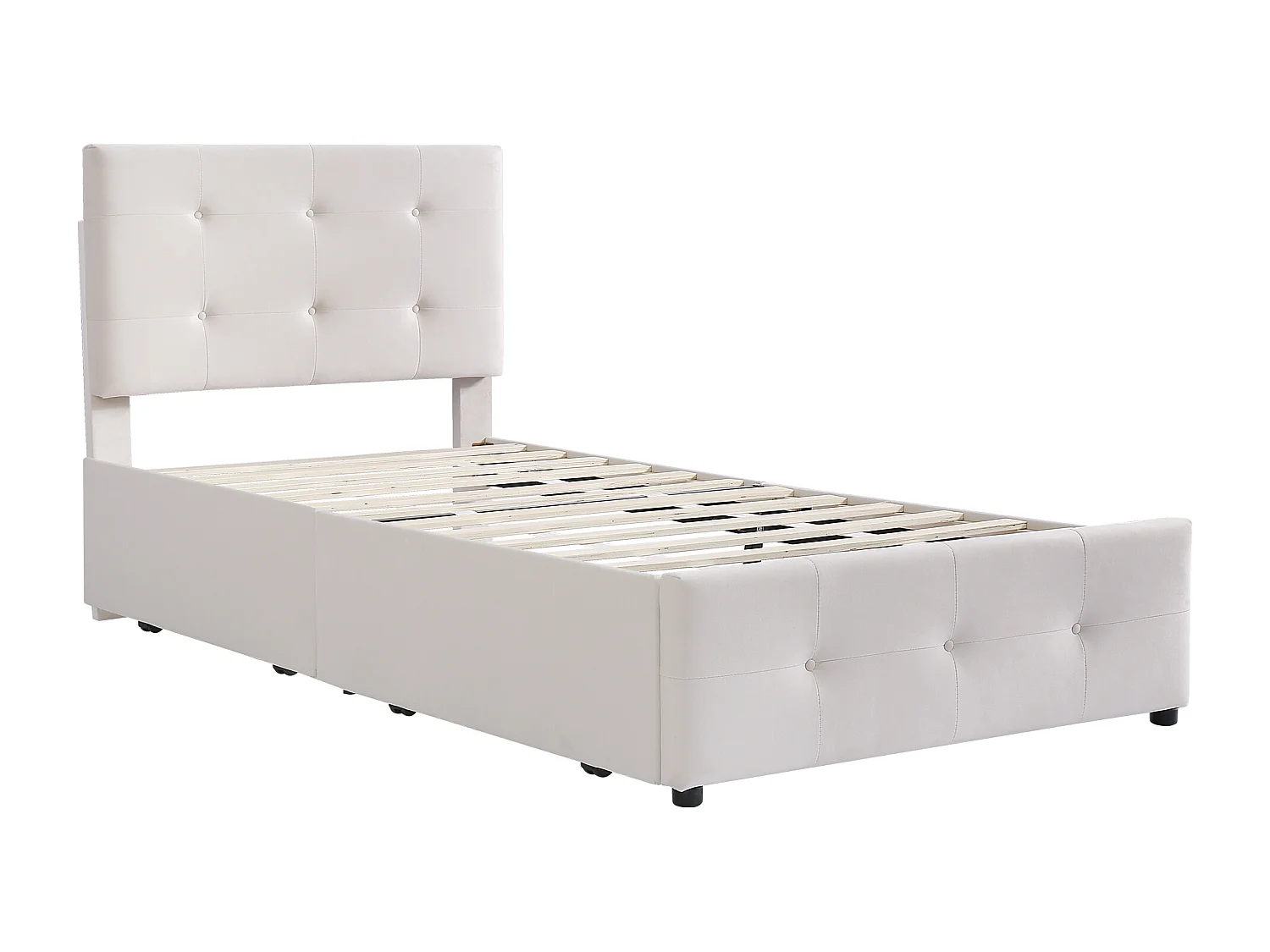 Lit capitonné en velours 90x200cm - lit simple avec 2 tiroirs et sommier à lattes - Beige