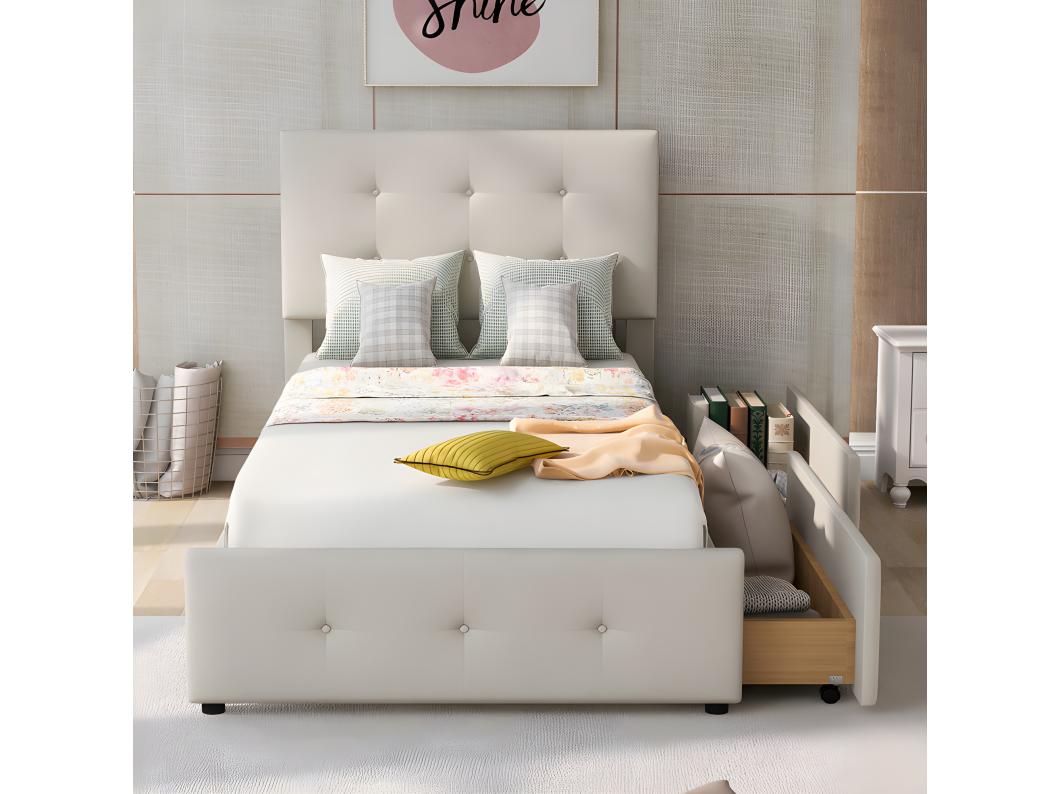 Cama tapizada de terciopelo 90x200cm - cama individual con 2 cajones y somier - Beige