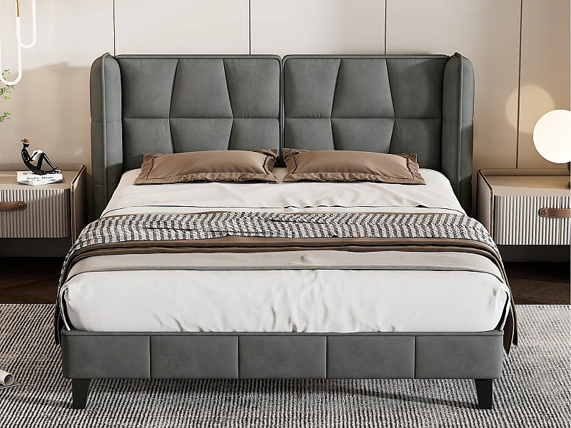 Tweepersoonsbed bekleed met fluweel - 140x200cm - met lattenbodem - Grijs