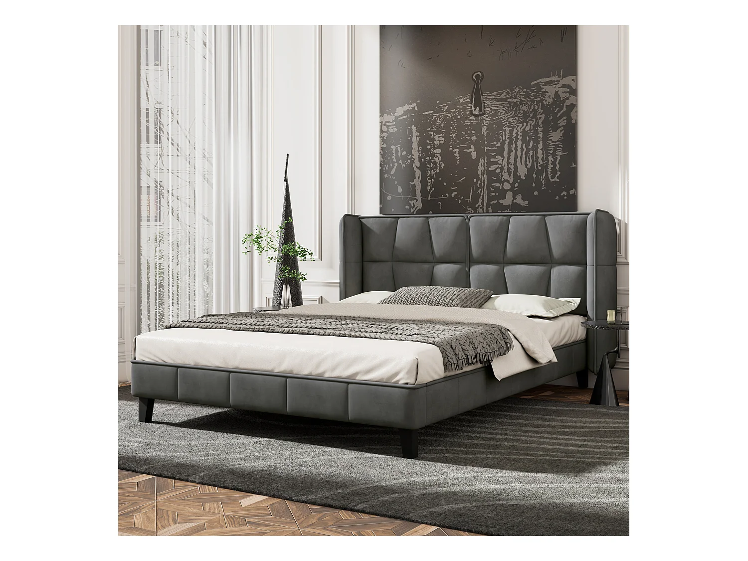 Letto matrimoniale rivestito in velluto - 140x200cm - con rete a doghe - Grigio