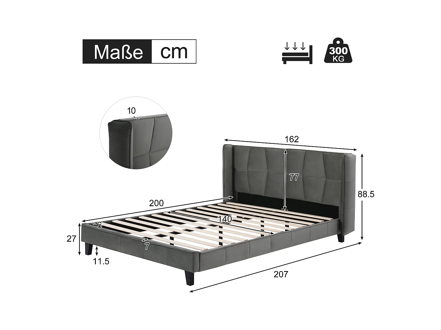 Letto matrimoniale rivestito in velluto - 140x200cm - con rete a doghe - Grigio