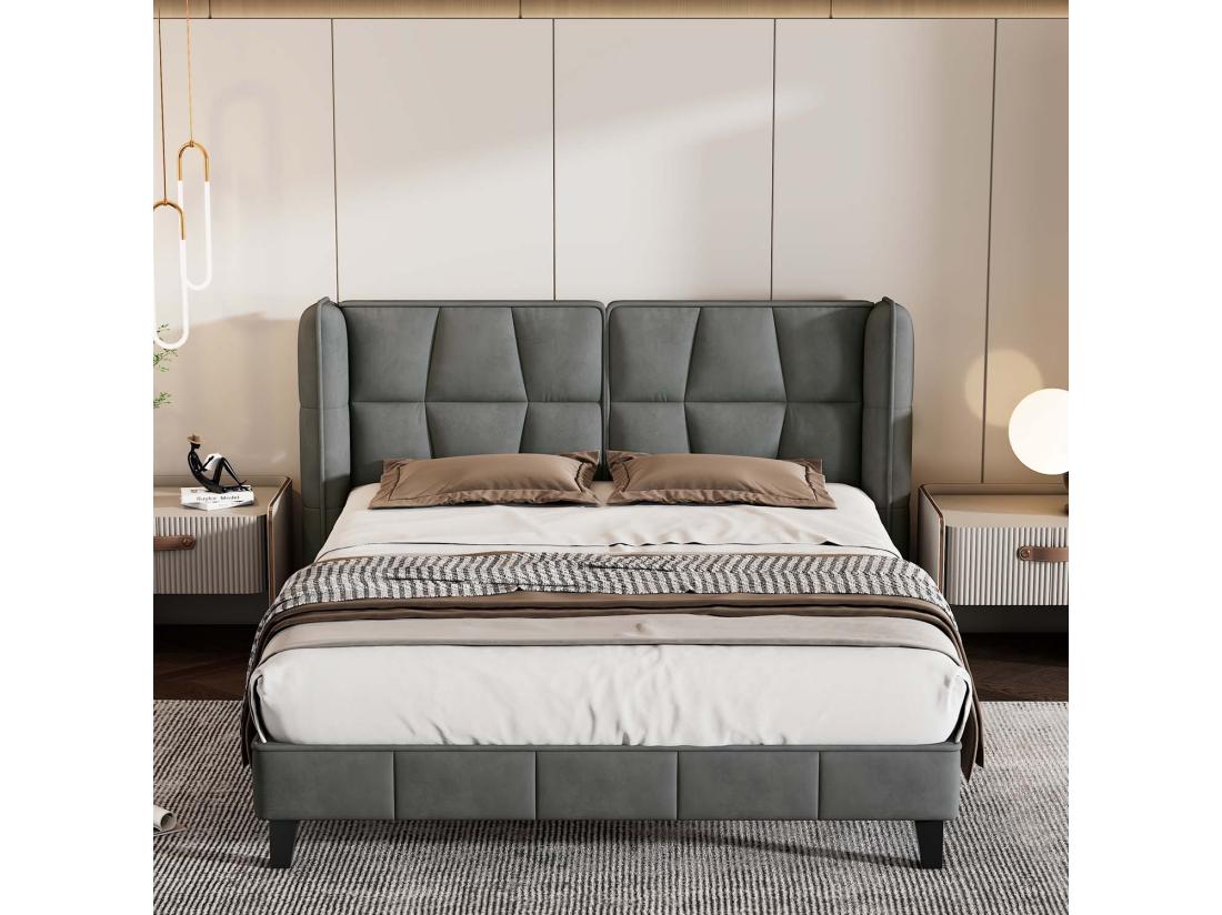 vente unique Lit double rembourré 140x200cm en velours avec sommier à lattes - Gris