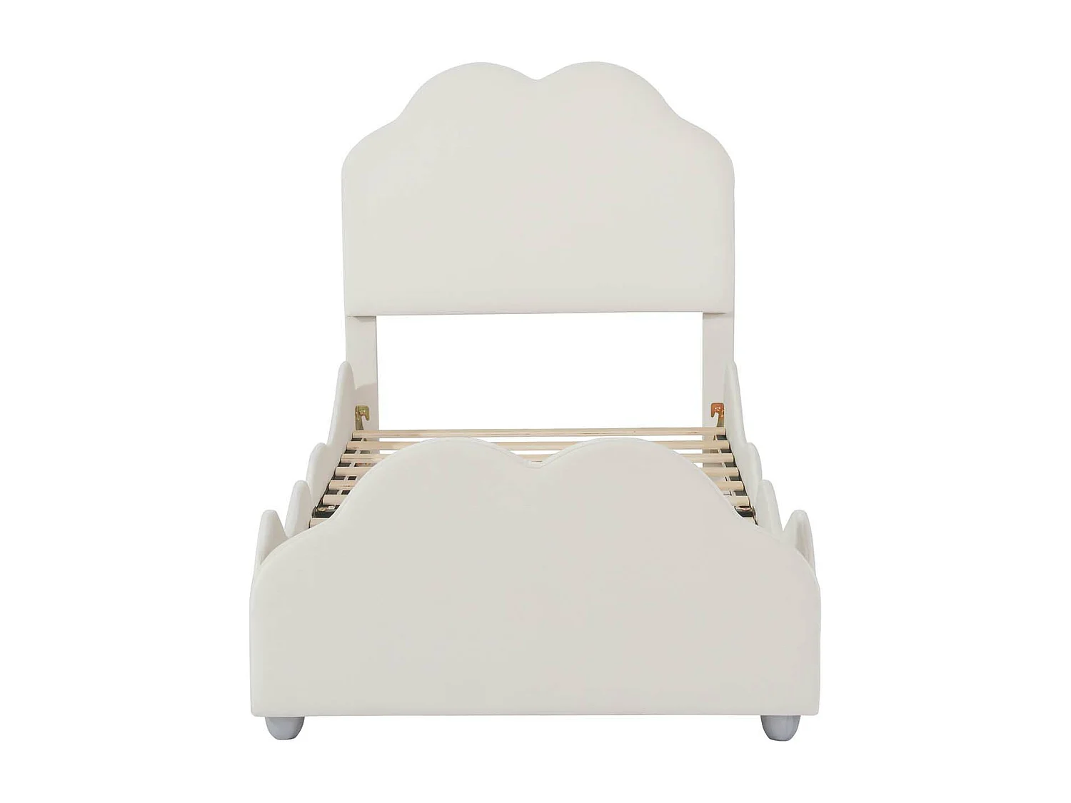 Fluweel gewatteerd kinderbed - 90x200cm - met wolkvormig hoofdeinde + lattenbodem - Beige