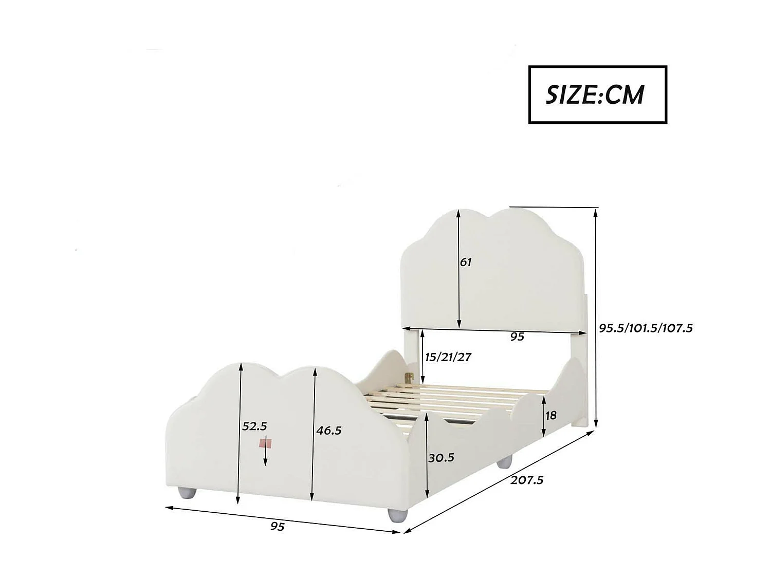 Fluweel gewatteerd kinderbed - 90x200cm - met wolkvormig hoofdeinde + lattenbodem - Beige