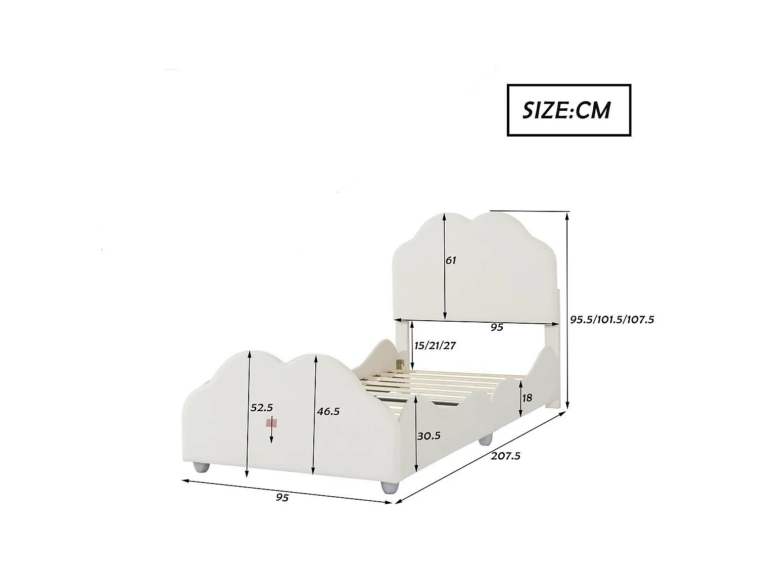 Lit enfant rembourré en velours - 90x200cm - avec tête de lit en forme de nuage + sommier à lattes - Beige