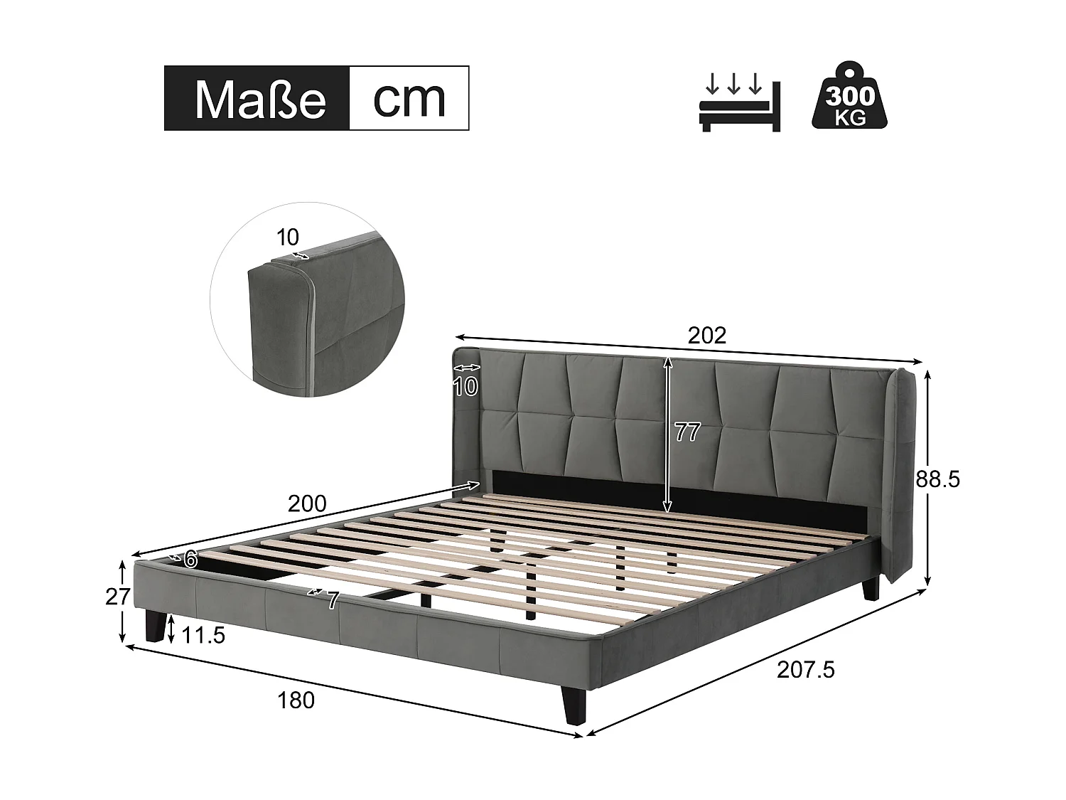 Letto matrimoniale rivestito in velluto - 180x200cm - con rete a doghe - Grigio