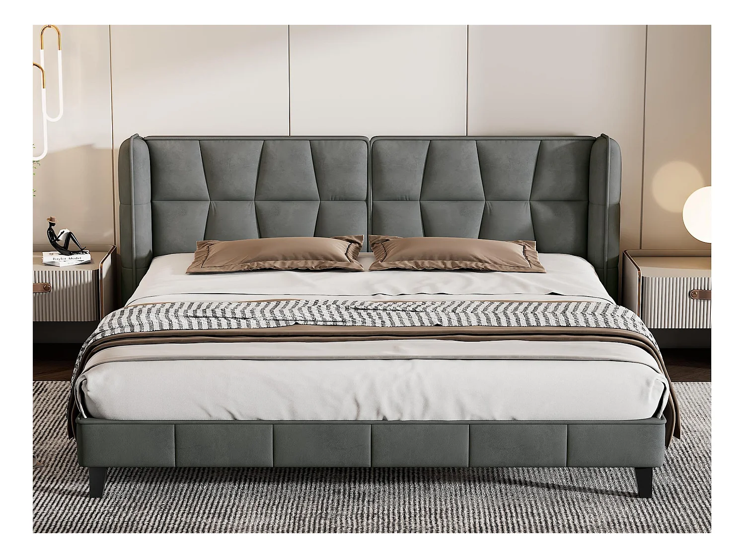 Lit double rembourré 180x200cm en velours avec sommier à lattes - Gris