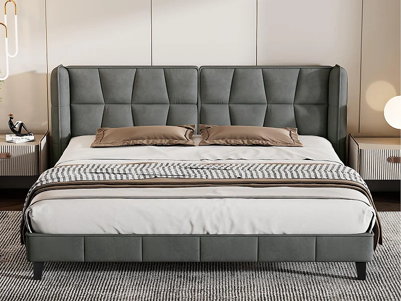 Lit double rembourré 180x200cm en velours avec sommier à lattes - Gris