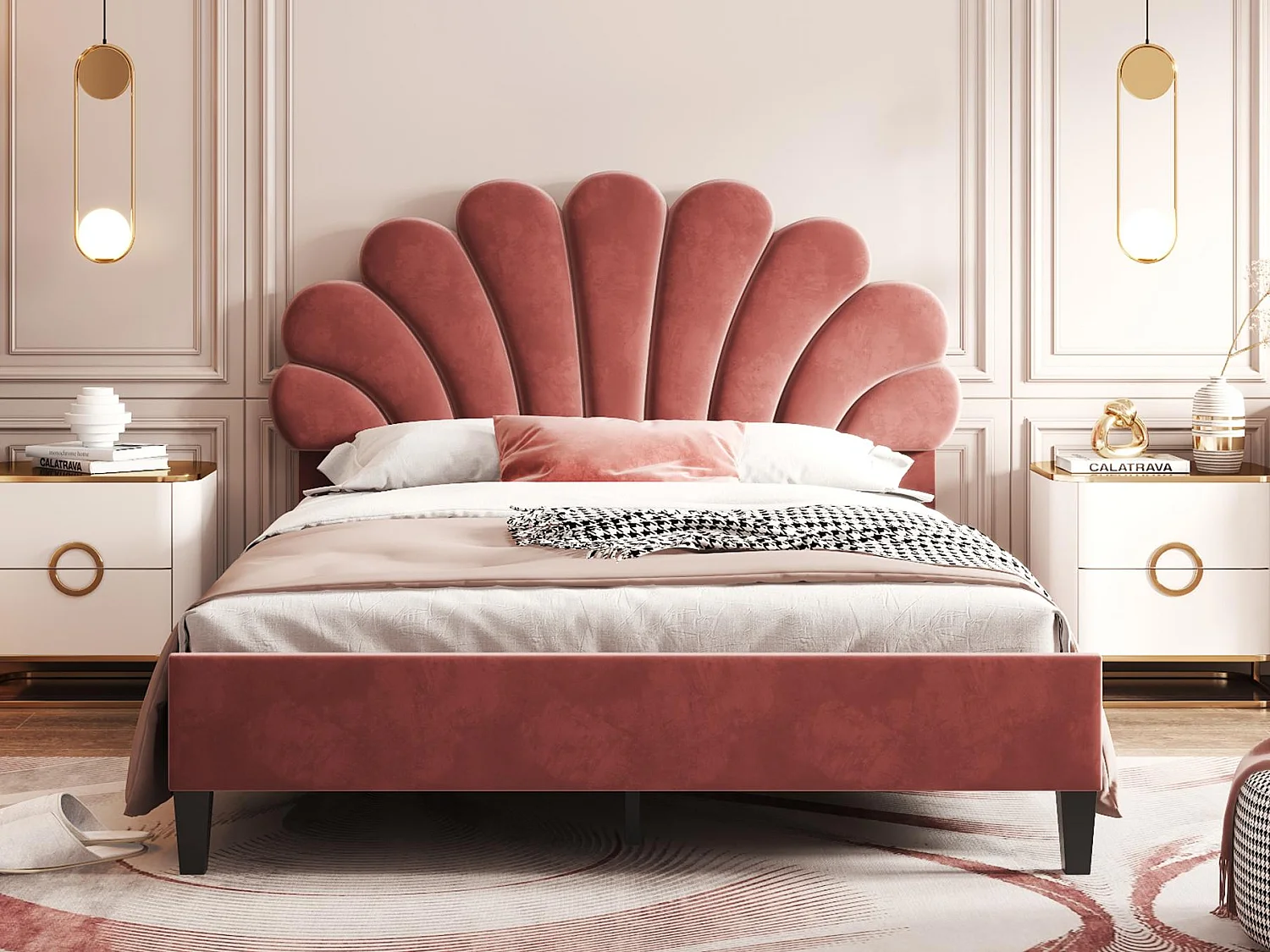 Letto matrimoniale rivestito in velluto - 140x200 cm - testiera a fiore - con rete a doghe - Rosso