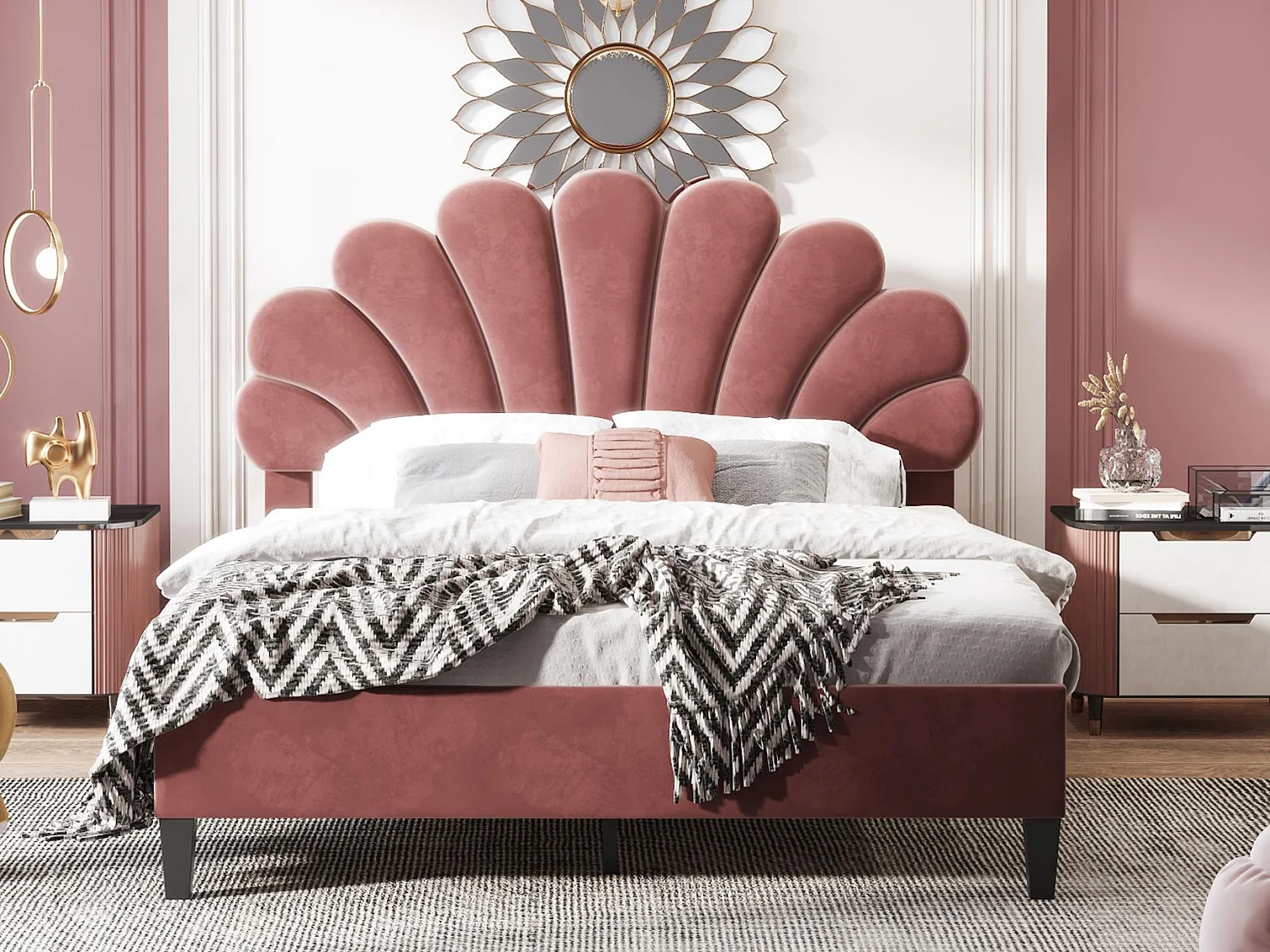 Letto matrimoniale rivestito in velluto - 140x200 cm - testiera a fiore - con rete a doghe - Rosso