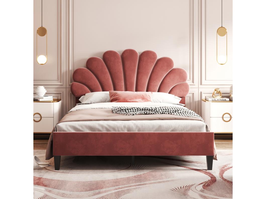 Tweepersoonsbed bekleed met fluweel - 140x200cm - bloemvormig hoofdeinde - met lattenbodem - Rood