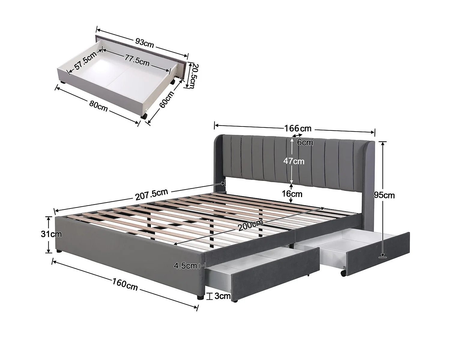 Bed van 160x200cm met 2 laden - bekleed met fluweel - moderne stijl - Grijs