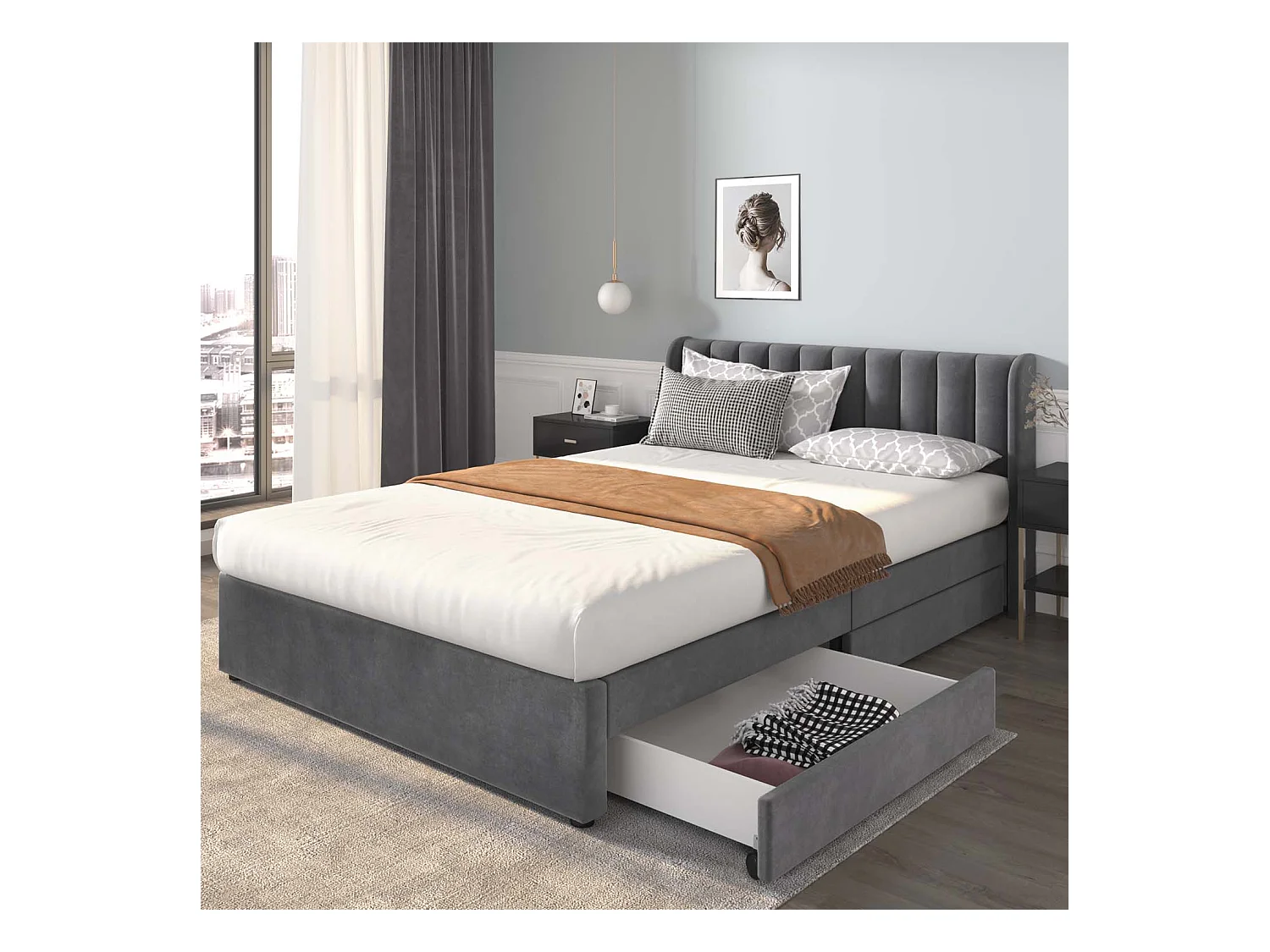 Lit rembourré en velours 160x200cm avec 2 tiroirs + sommier à lattes - style moderne - Gris
