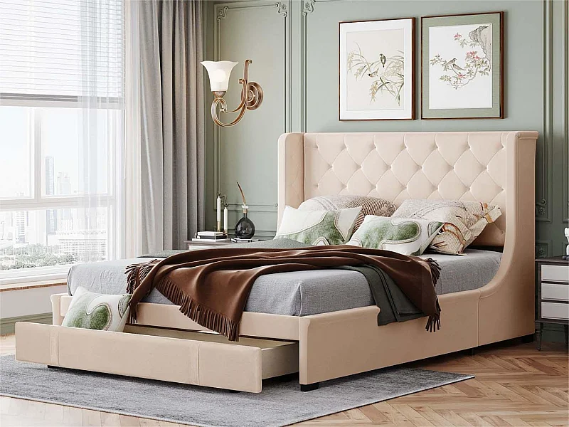 Gestoffeerd bed 140x200cm - linnen stof - met één lade - Beige