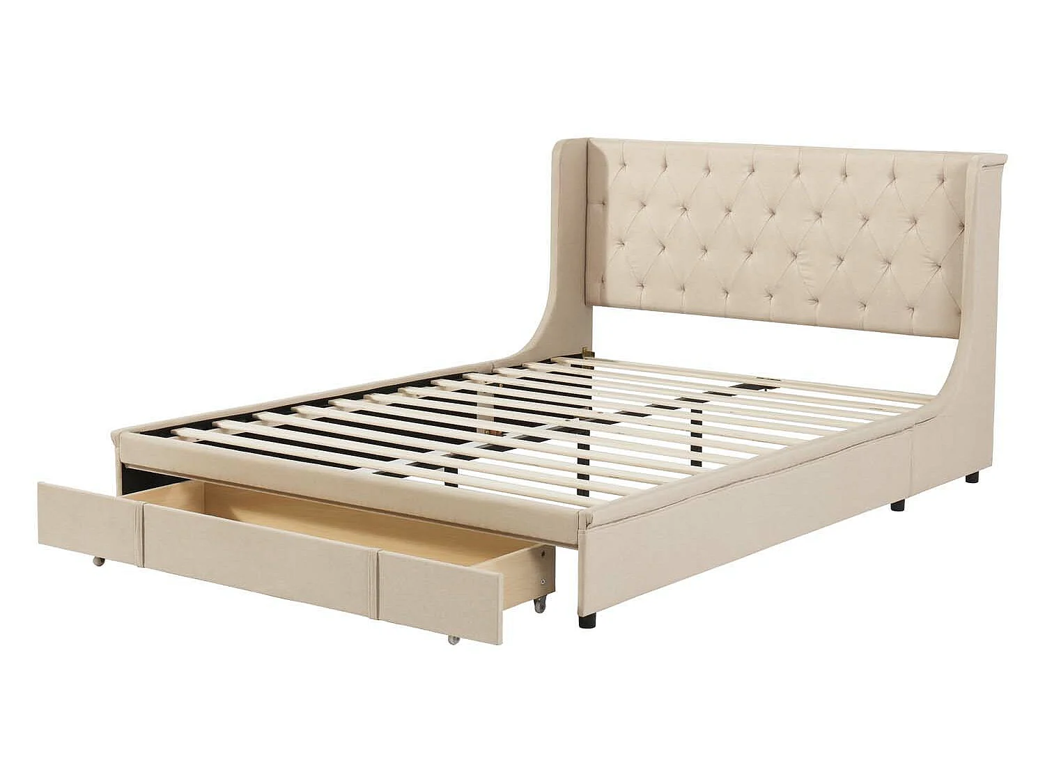 Gestoffeerd bed 140x200cm - linnen stof - met één lade - Beige
