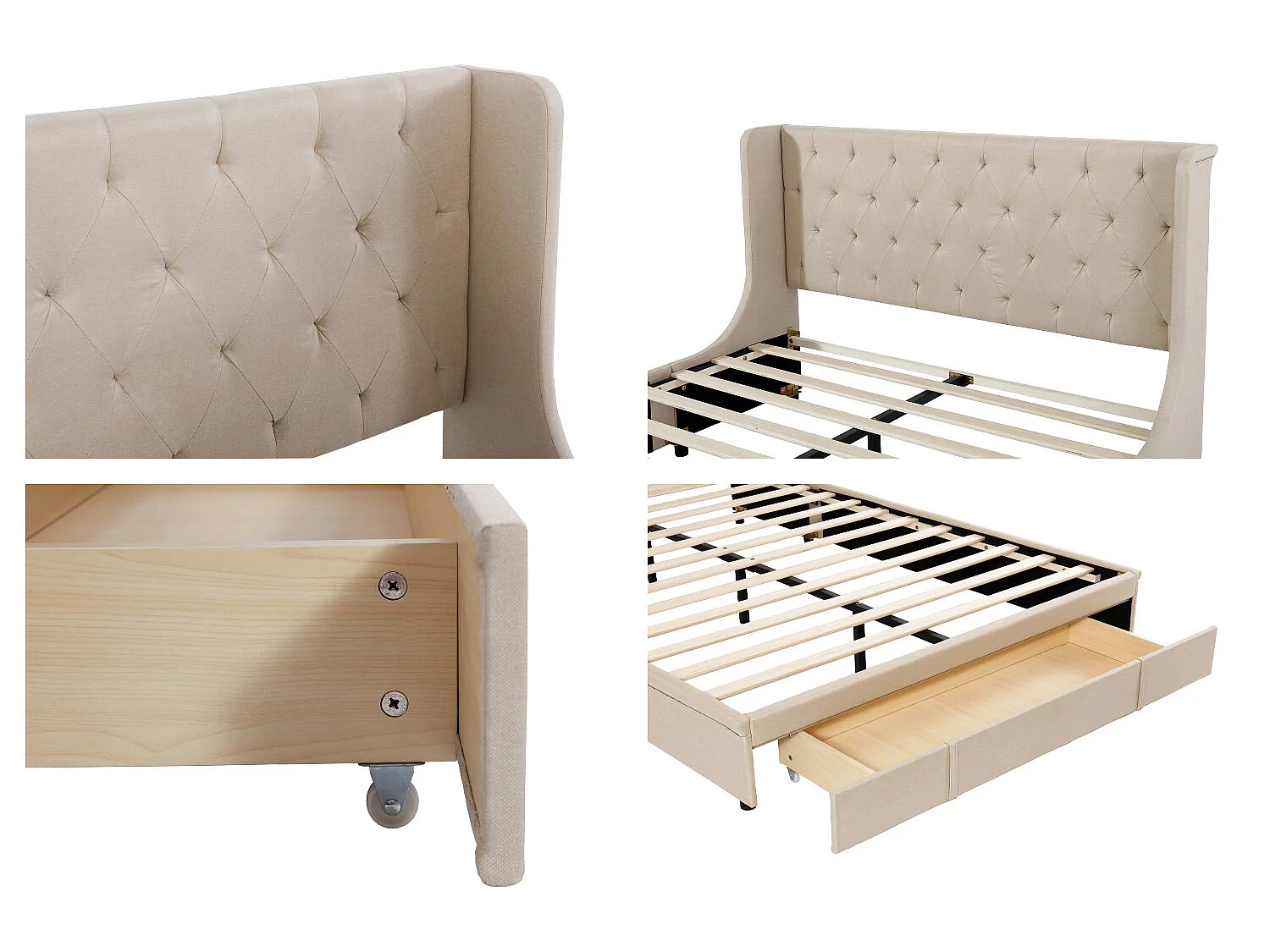 Gestoffeerd bed 140x200cm - linnen stof - met één lade - Beige