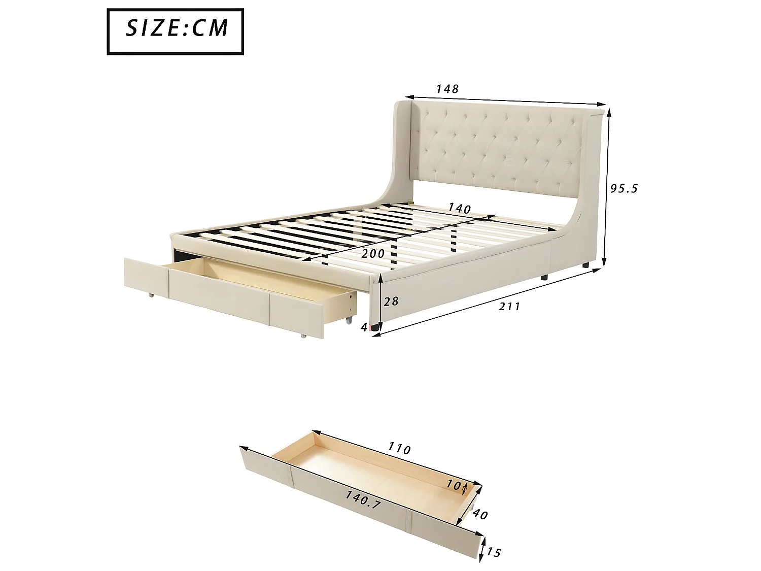 Gestoffeerd bed 140x200cm - linnen stof - met één lade - Beige