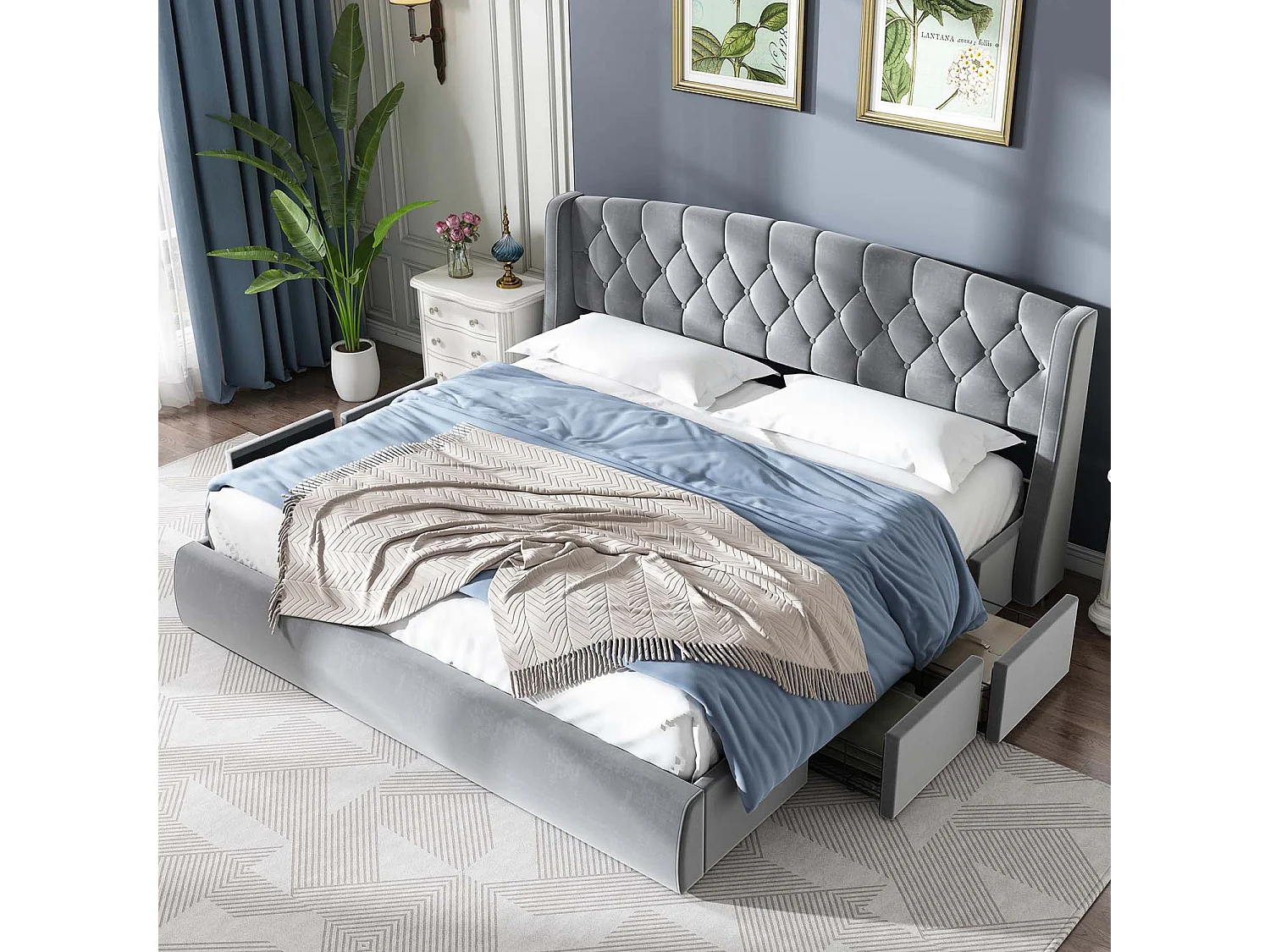 Lit rembourré 180x200cm en velours - avec 4 tiroirs - Gris