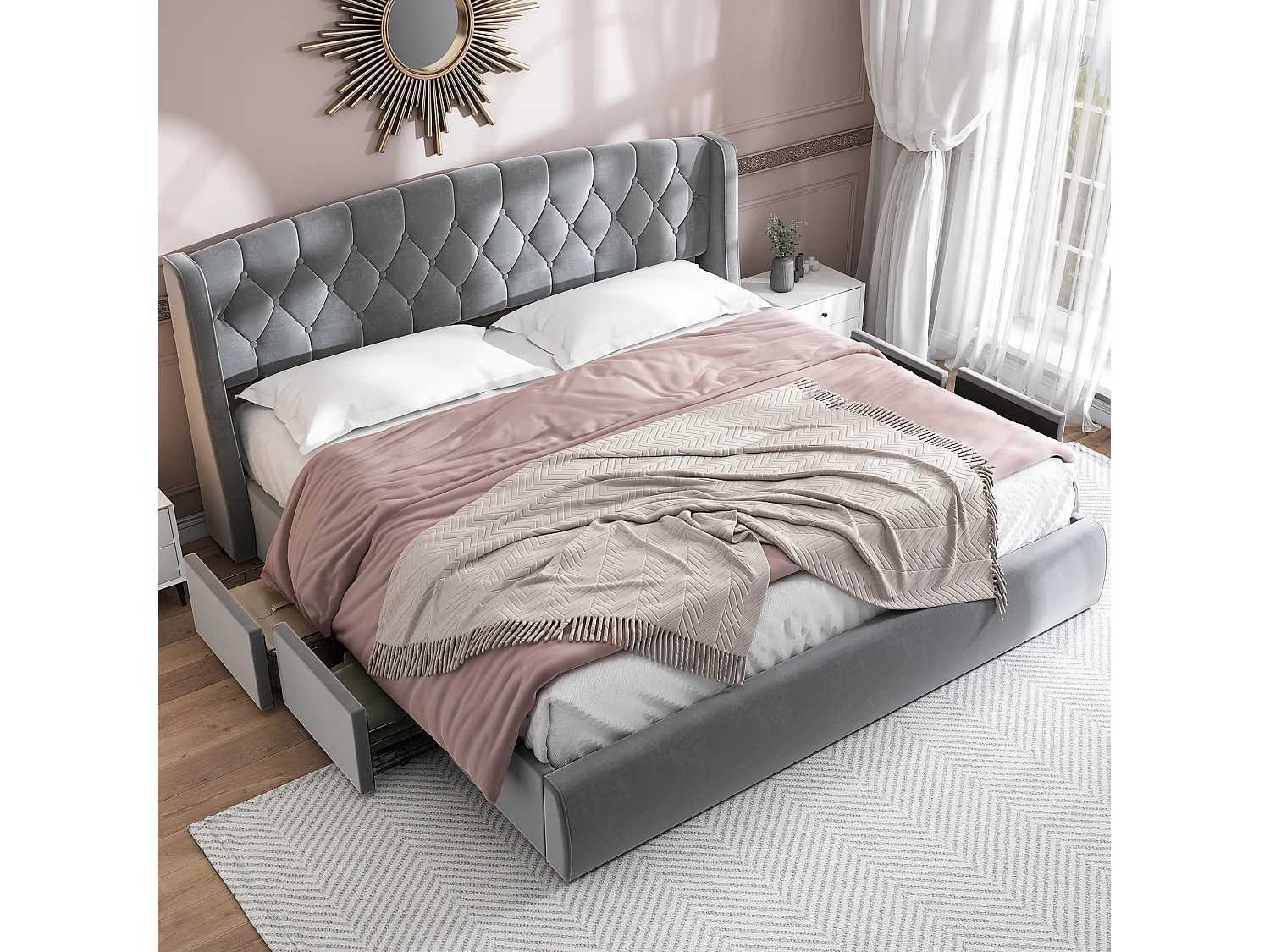Lit rembourré 180x200cm en velours - avec 4 tiroirs - Gris
