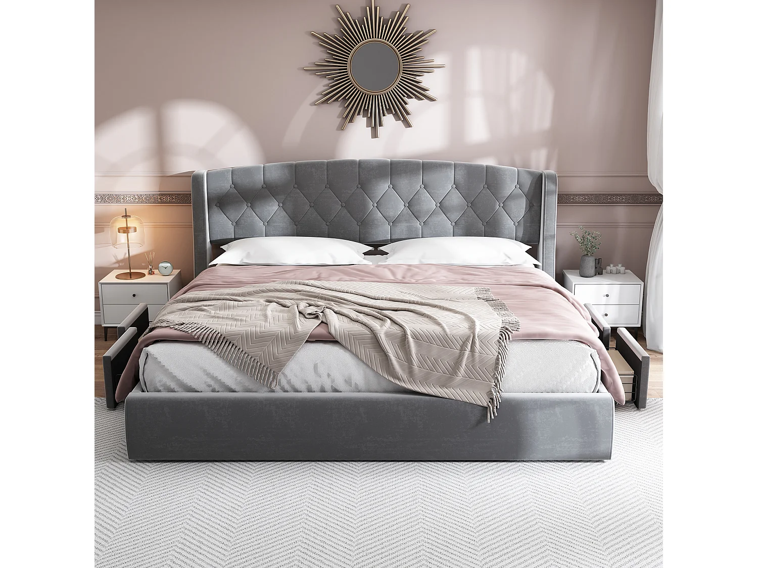 Lit rembourré 180x200cm en velours - avec 4 tiroirs - Gris