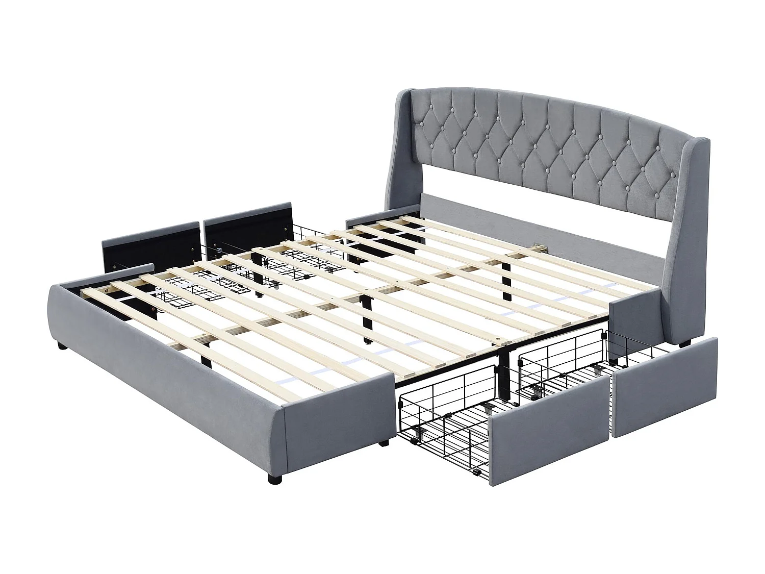 Lit rembourré 180x200cm en velours - avec 4 tiroirs - Gris