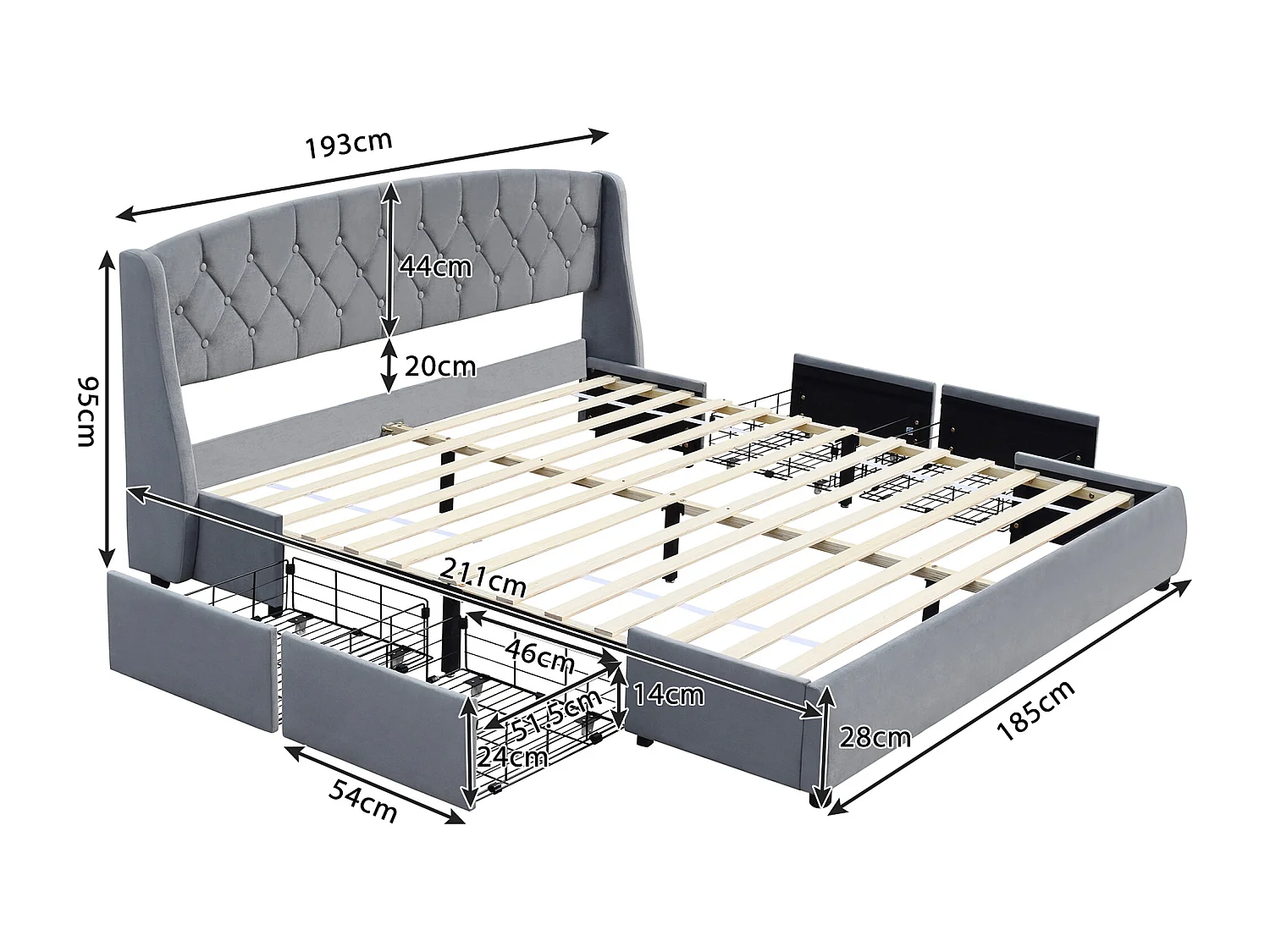 Lit rembourré 180x200cm en velours - avec 4 tiroirs - Gris