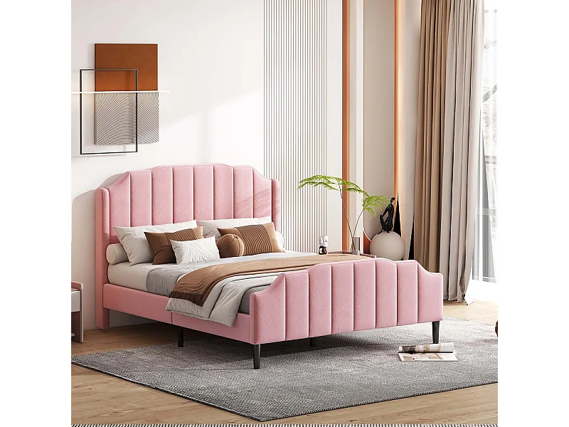 Doppelbett mit Samtbezug, 140 x 200 cm, mit Lattenrost – rosa