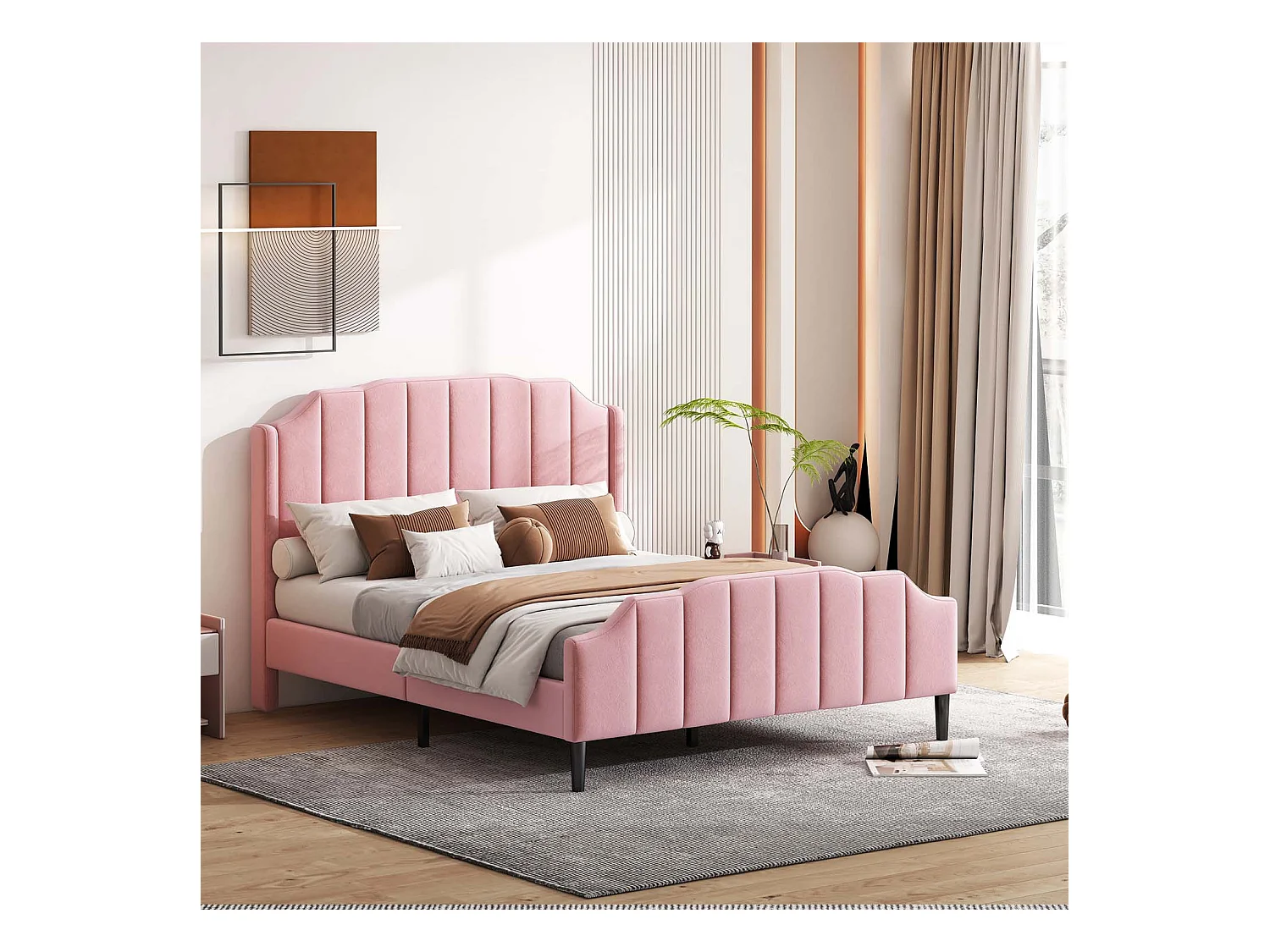 Lit double rembourré en velours 140x200cm avec sommier à lattes - rose