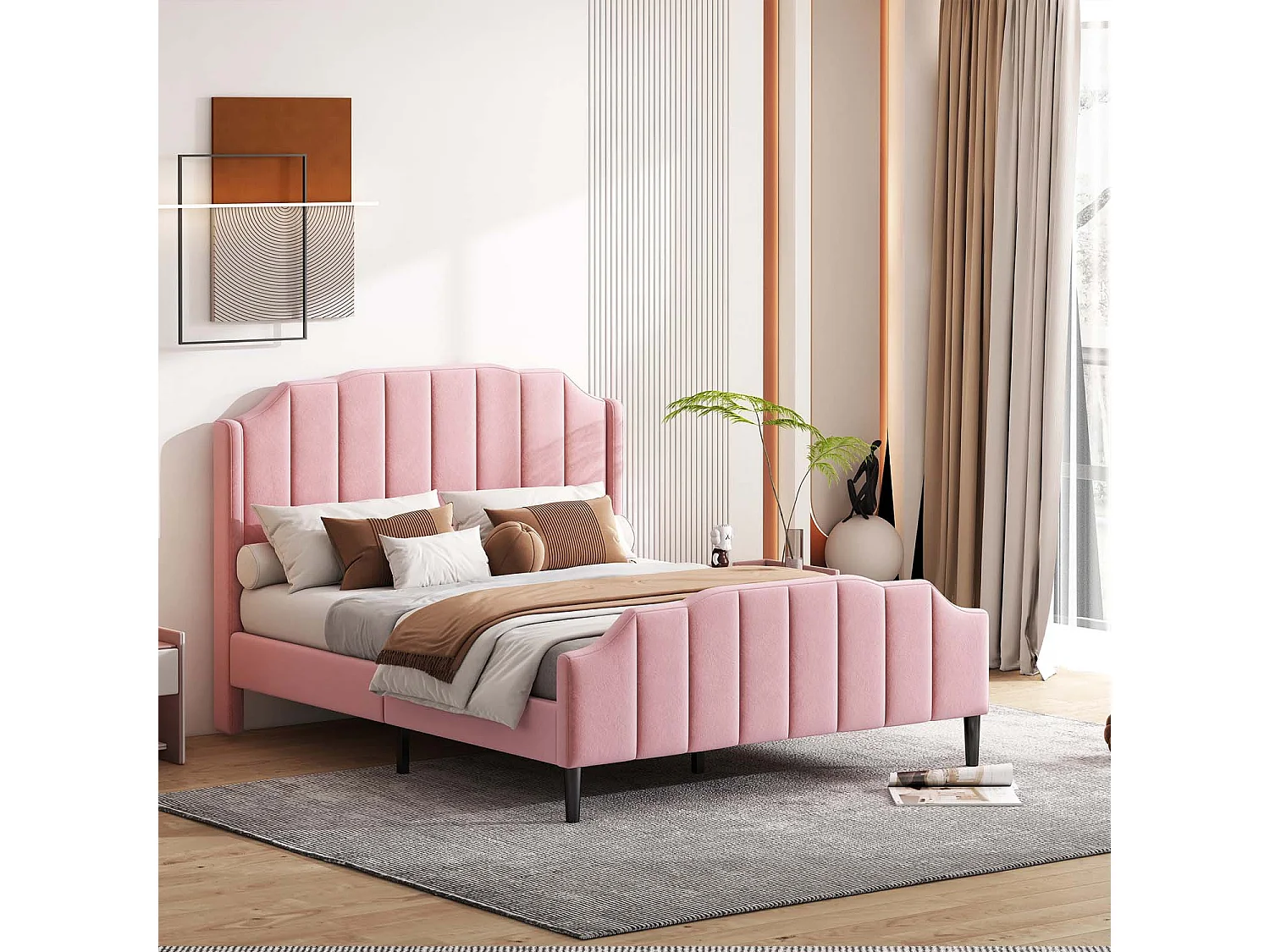 Tweepersoonsbed bekleed met fluweel 140x200cm met lattenbodem - roze