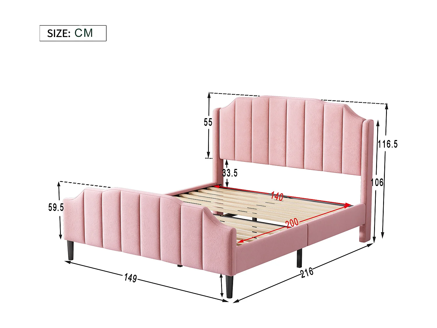 Tweepersoonsbed bekleed met fluweel 140x200cm met lattenbodem - roze