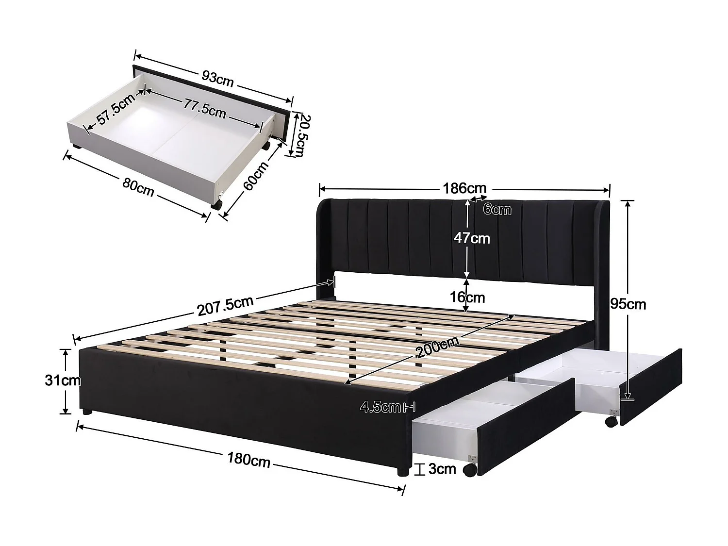180 x 200 cm großes Bett mit 2 Schubladen – mit Samt gepolstert – moderner Stil – Schwarz