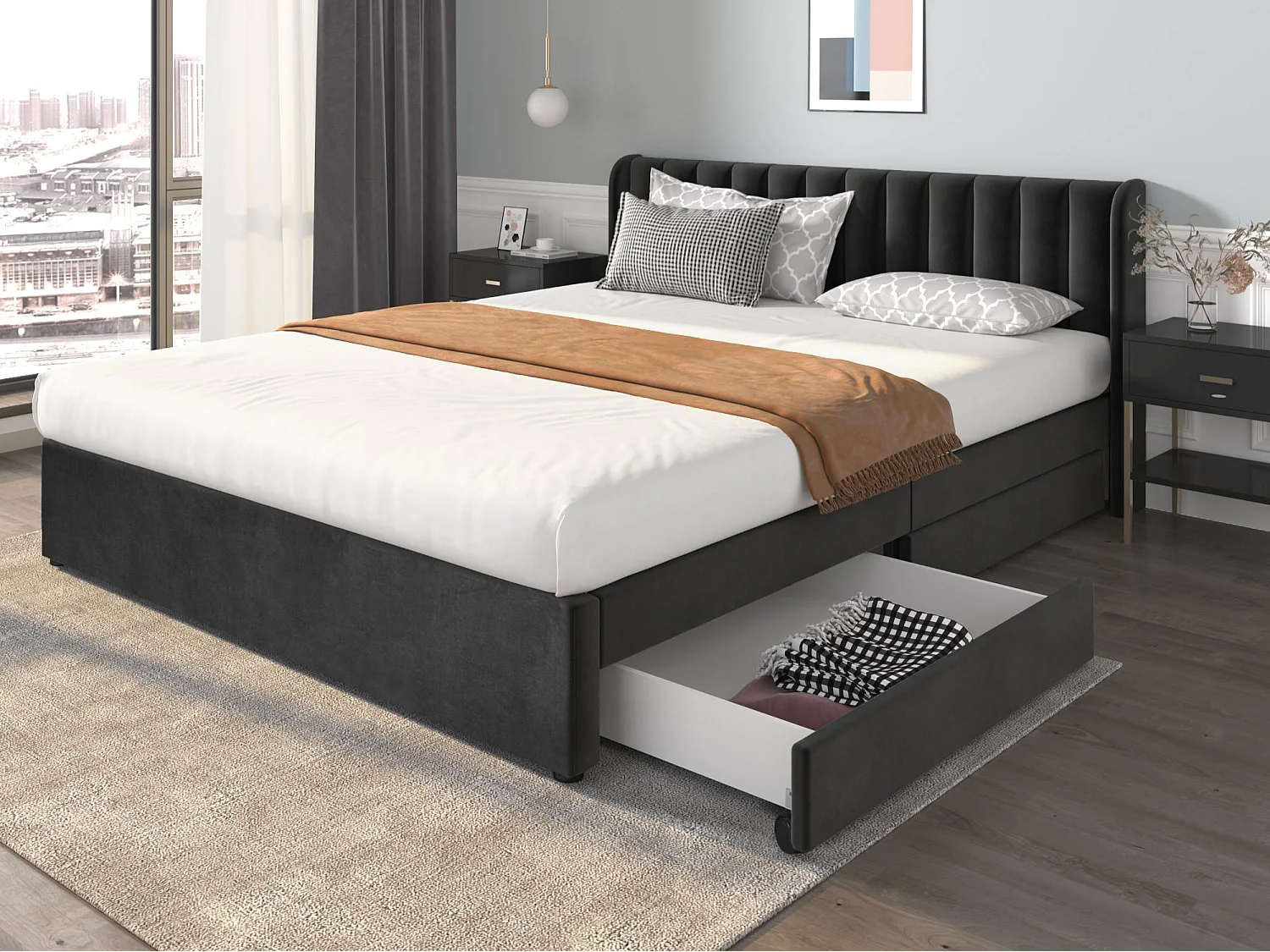 Lit 180x200cm avec 2 tiroirs - rembourré en velours - style moderne - Noir