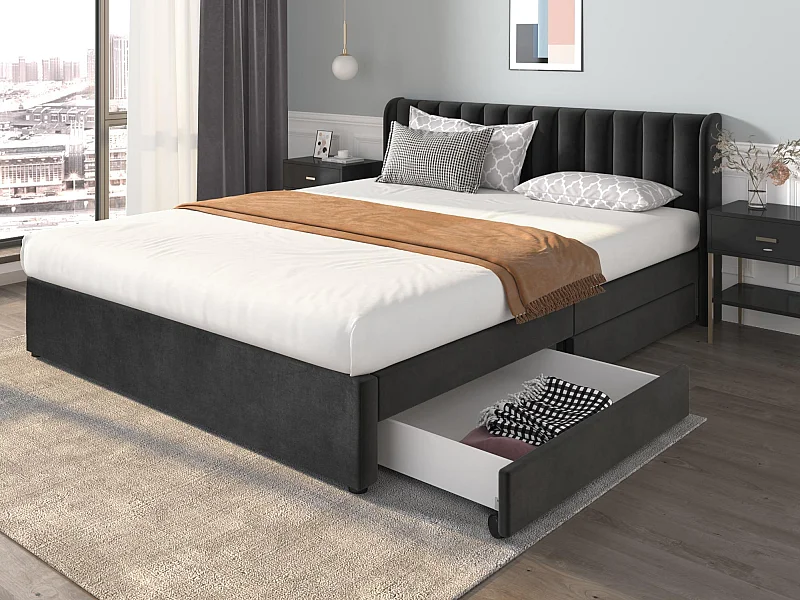 Bed van 180x200cm met 2 laden - bekleed met fluweel - moderne stijl - Zwart